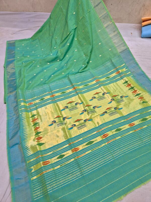 Paithani Ocean Green Silk Cotton Handwoven Saree