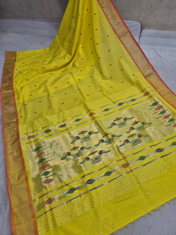 Paithani Greeny Yellow Silk Cotton Handwoven Saree