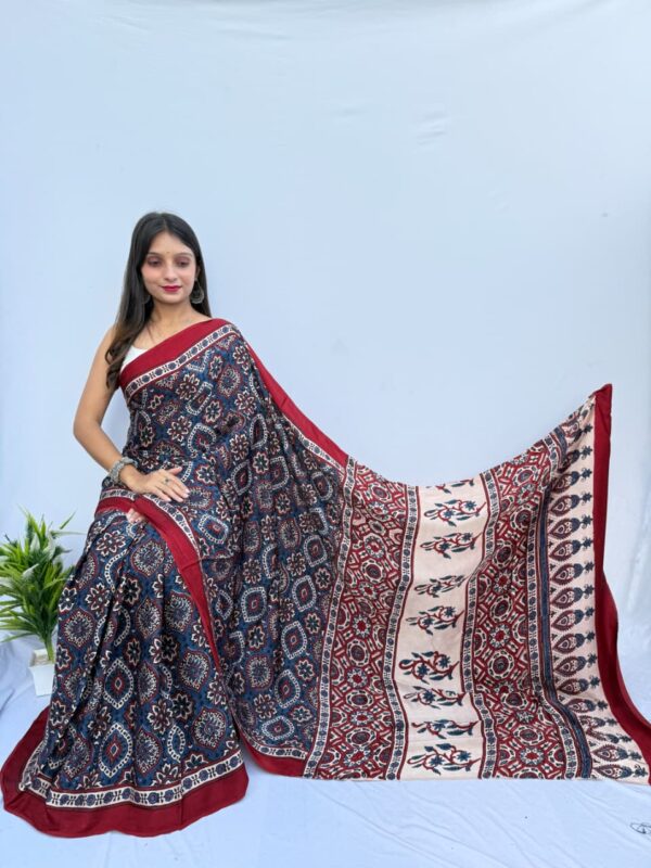 Pure Modal Black and Red Silk Hand Block Printed Saree with Natural Dyes