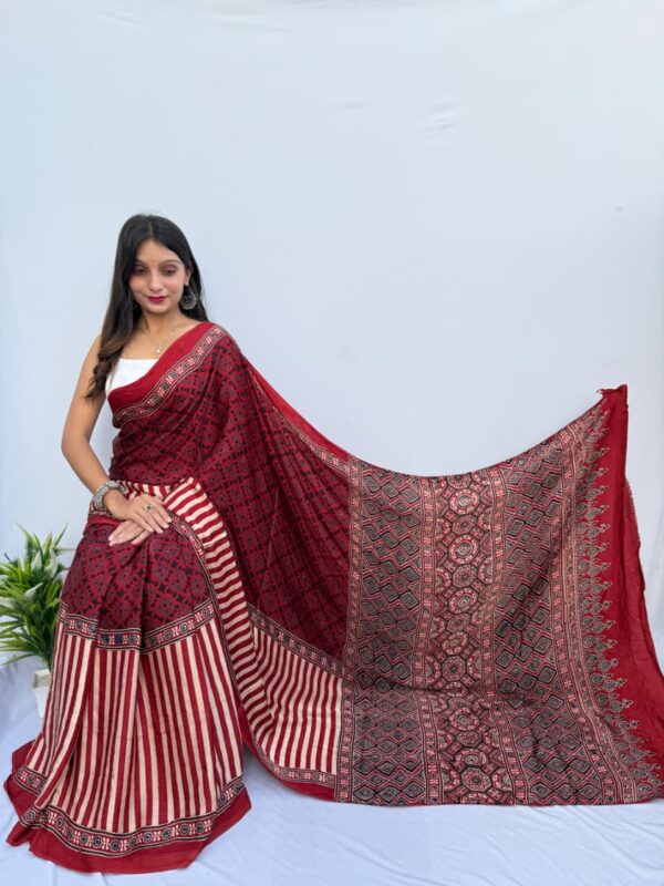 Pure Modal Red Strip Silk Hand Block Printed Saree with Natural Dyes