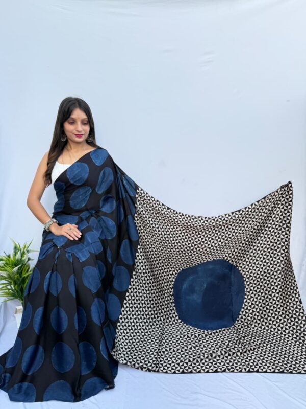 Pure Modal Black Blue Silk Hand Block Printed Saree with Natural Dyes
