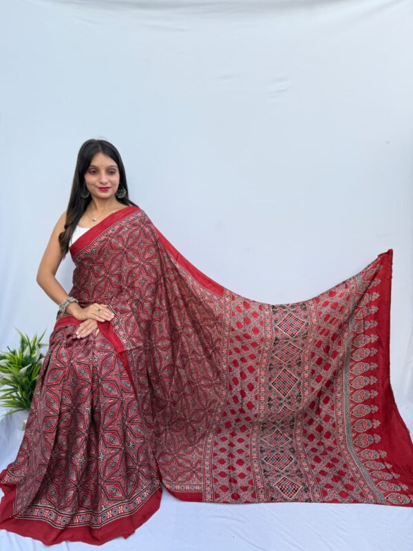 Pure Modal Dark Red Silk Hand Block Printed Saree with Natural Dyes