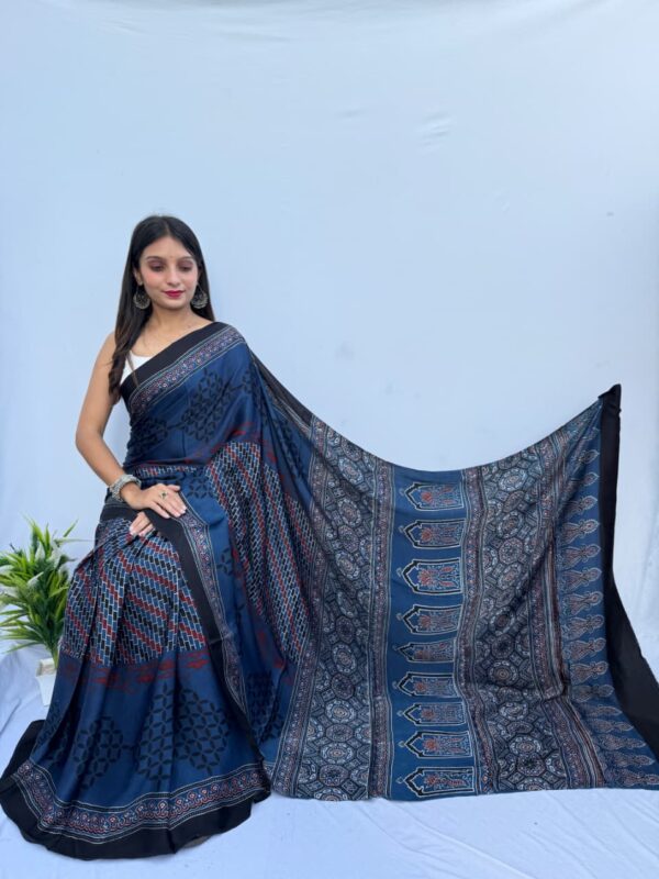 WhatsApp Image 2025-09-16 at 19.25.33 (1) Pure Modal Blue Silk Hand Block Printed Saree with Natural Dyes