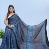 Pure Modal Blue-Red Silk Hand Block Printed Saree with Natural Dyes