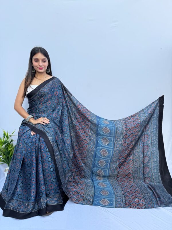 Pure Modal Blue-Red Silk Hand Block Printed Saree with Natural Dyes