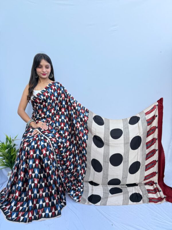 Pure Modal Red-Blue Silk Hand Block Printed Saree with Natural Dyes