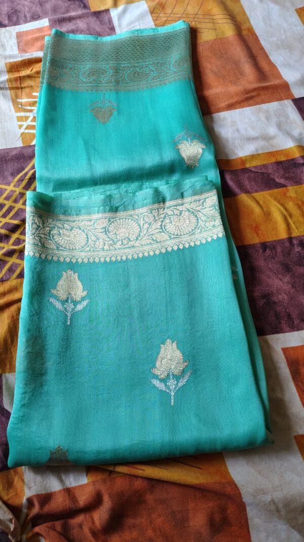 Pure OceanGreen Banarasi Kora Organza Silk Saree with Zari