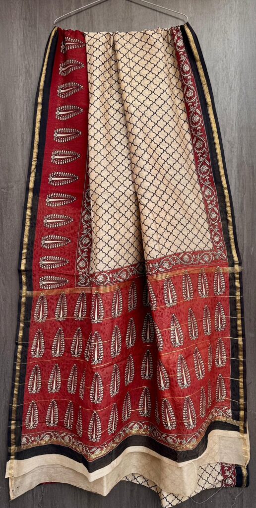 Dark Red Biege Maheshwari Silk Saree – Natural Ajrakh Hand Block Print