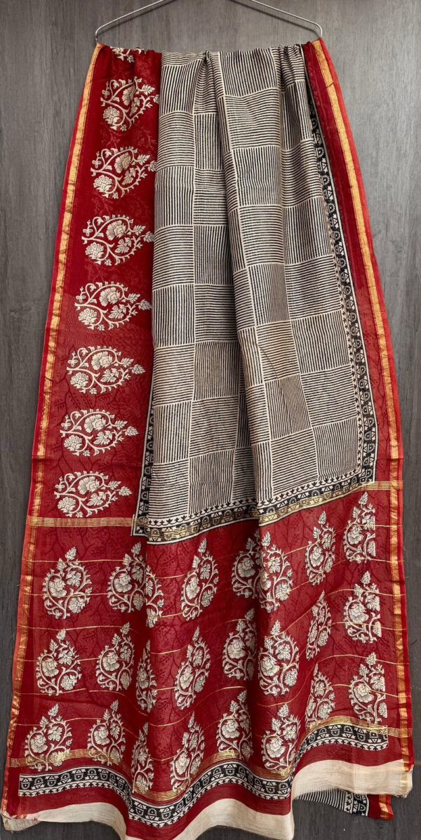 Dark Red Biege Pattern Maheshwari Silk Saree – Natural Ajrakh Hand Block Print