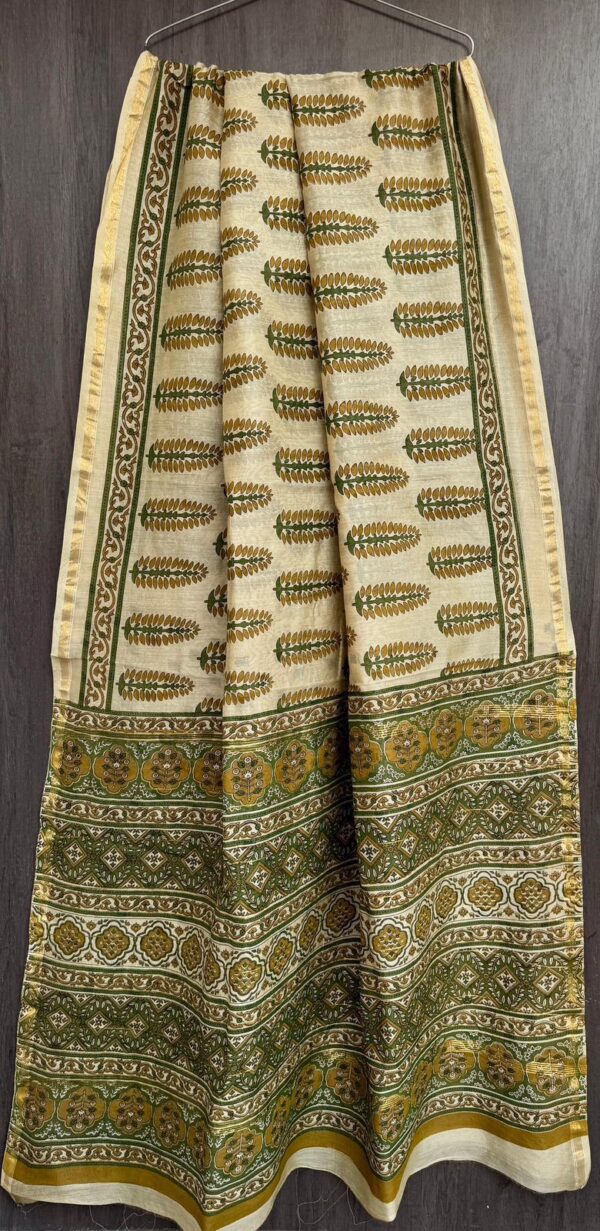Biege Green Maheshwari Silk Saree – Natural Ajrakh Hand Block Print