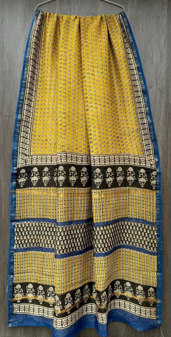 Yellow Border Black Maheshwari Silk Saree – Natural Ajrakh Hand Block Print