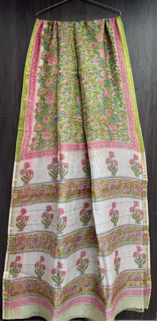 Pink-Green Maheshwari Silk Saree – Natural Ajrakh Hand Block Print