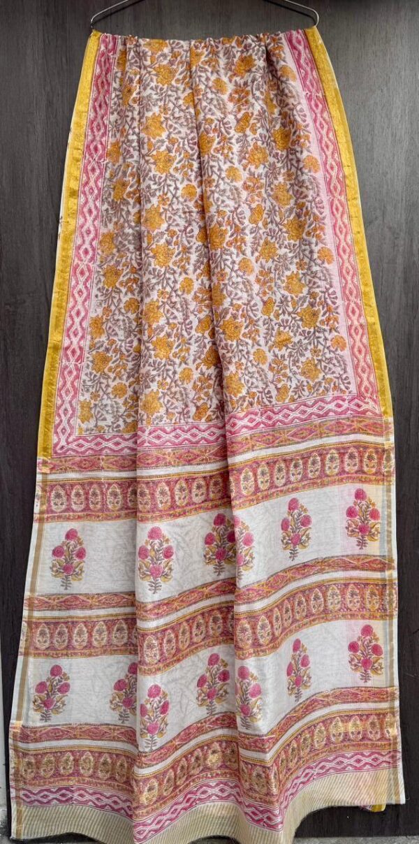 Pink-Yellow Maheshwari Silk Saree – Natural Ajrakh Hand Block Print