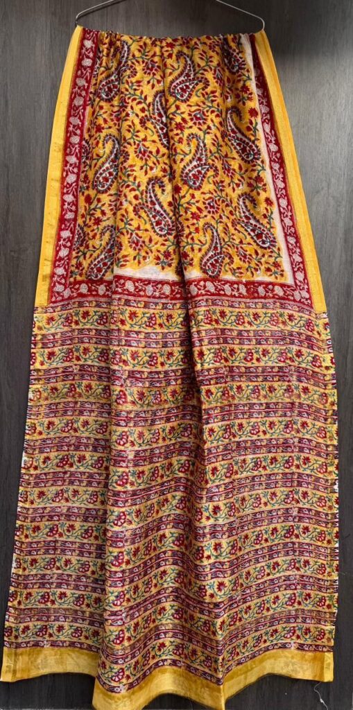 Red-Yellow Maheshwari Silk Saree – Natural Ajrakh Hand Block Print