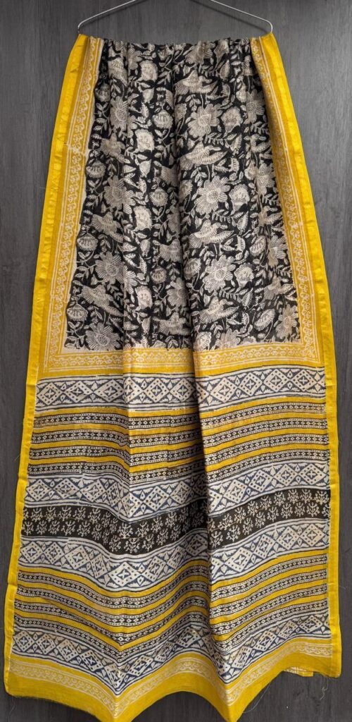 Black-Yellow Maheshwari Silk Saree – Natural Ajrakh Hand Block Print