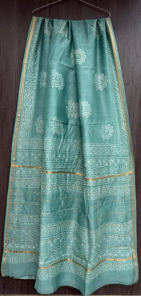 Ocean Green Maheshwari Silk Saree – Natural Ajrakh Hand Block Print