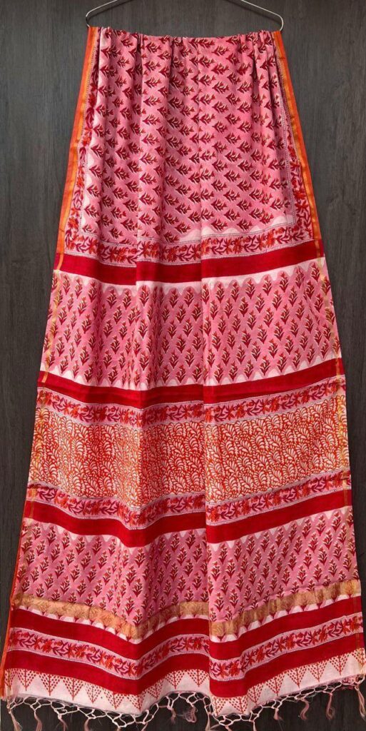 Pink Red Maheshwari Silk Saree – Natural Ajrakh Hand Block Print