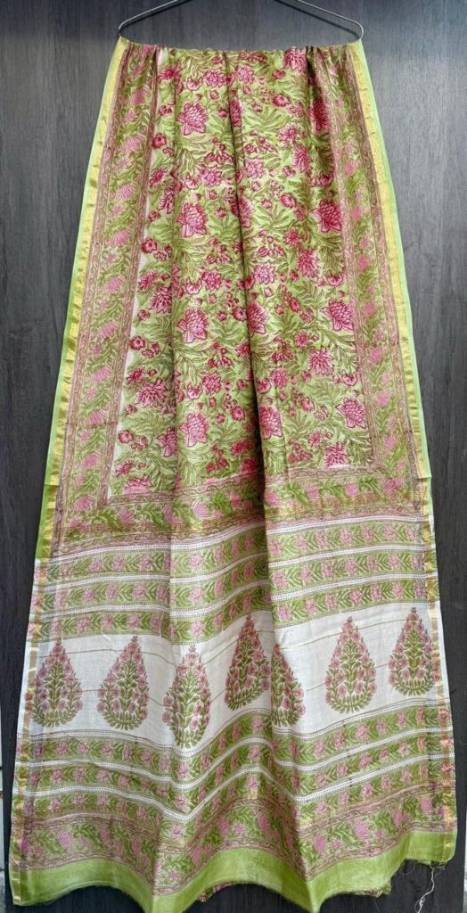Yellow-Pink Flower Maheshwari Silk Saree – Natural Ajrakh Hand Block Print