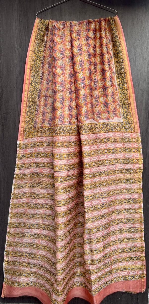 Pink Yellow Maheshwari Silk Saree – Natural Ajrakh Hand Block Print