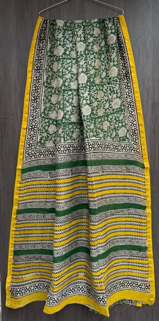 Green-Yellow Maheshwari Silk Saree – Natural Ajrakh Hand Block Print