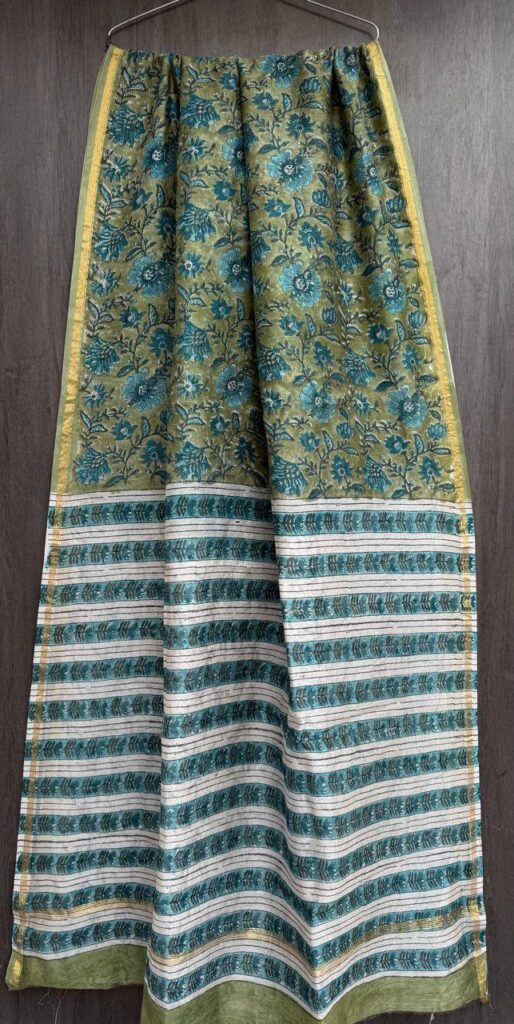 Green Flower Print Maheshwari Silk Saree – Natural Ajrakh Hand Block Print