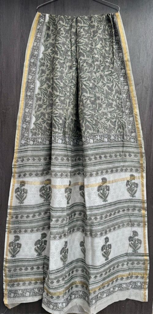 Grey strip Maheshwari Silk Saree – Natural Ajrakh Hand Block Print