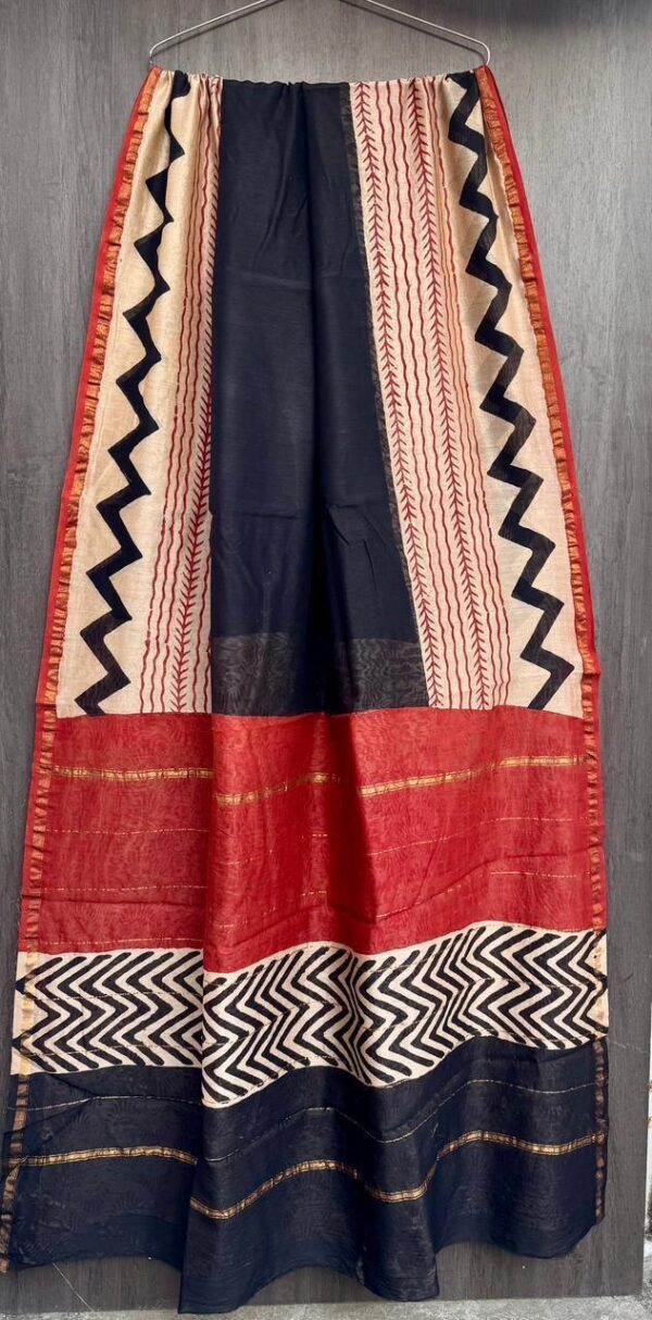 Black-Red Strip Maheshwari Silk Saree – Natural Ajrakh Hand Block Print