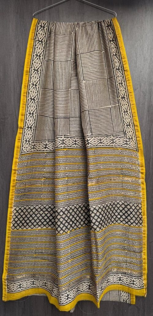 Biege Maheshwari Silk Saree – Natural Ajrakh Hand Block Print