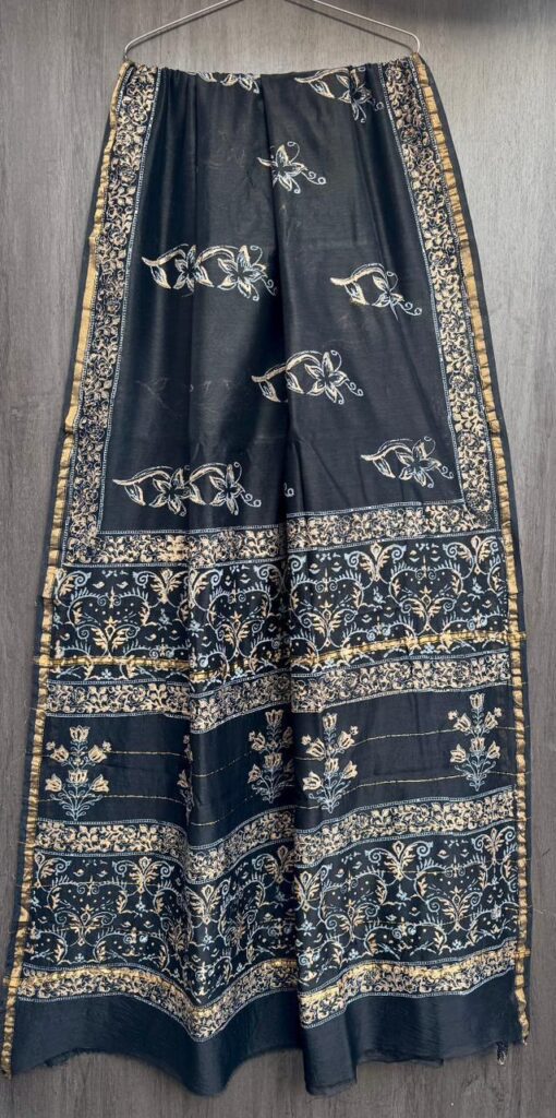 Black Maheshwari Silk Saree – Natural Ajrakh Hand Block Print
